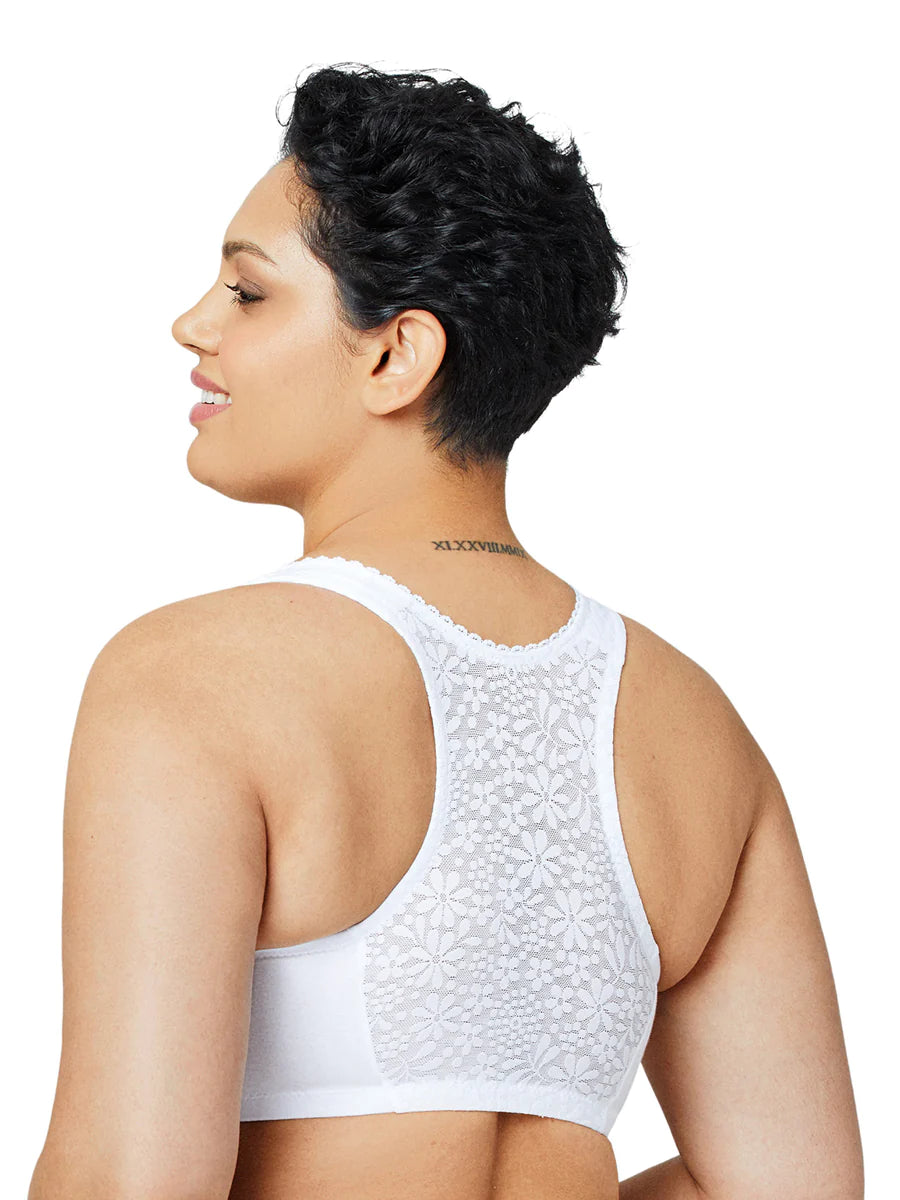 In Stock 1908 - Off Duty Front Close T-Back Comfort Bra - White
