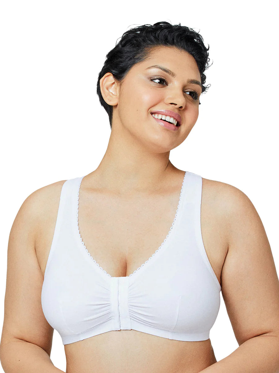 In Stock 1908 - Off Duty Front Close T-Back Comfort Bra - White