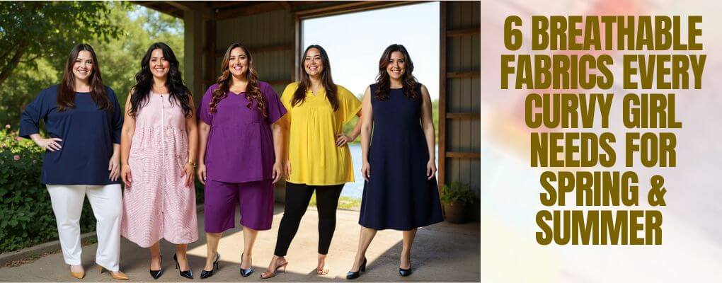 6 Breathable Fabrics Every Curvy Girl Needs for Spring and Summer with stylish plus size outfits showcased.