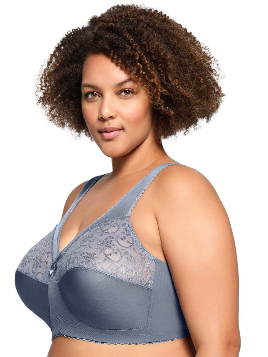 Glamorise Bra 1000 - Feel The Magic Wire-Free Support - Grey on a model showcasing comfort and style.