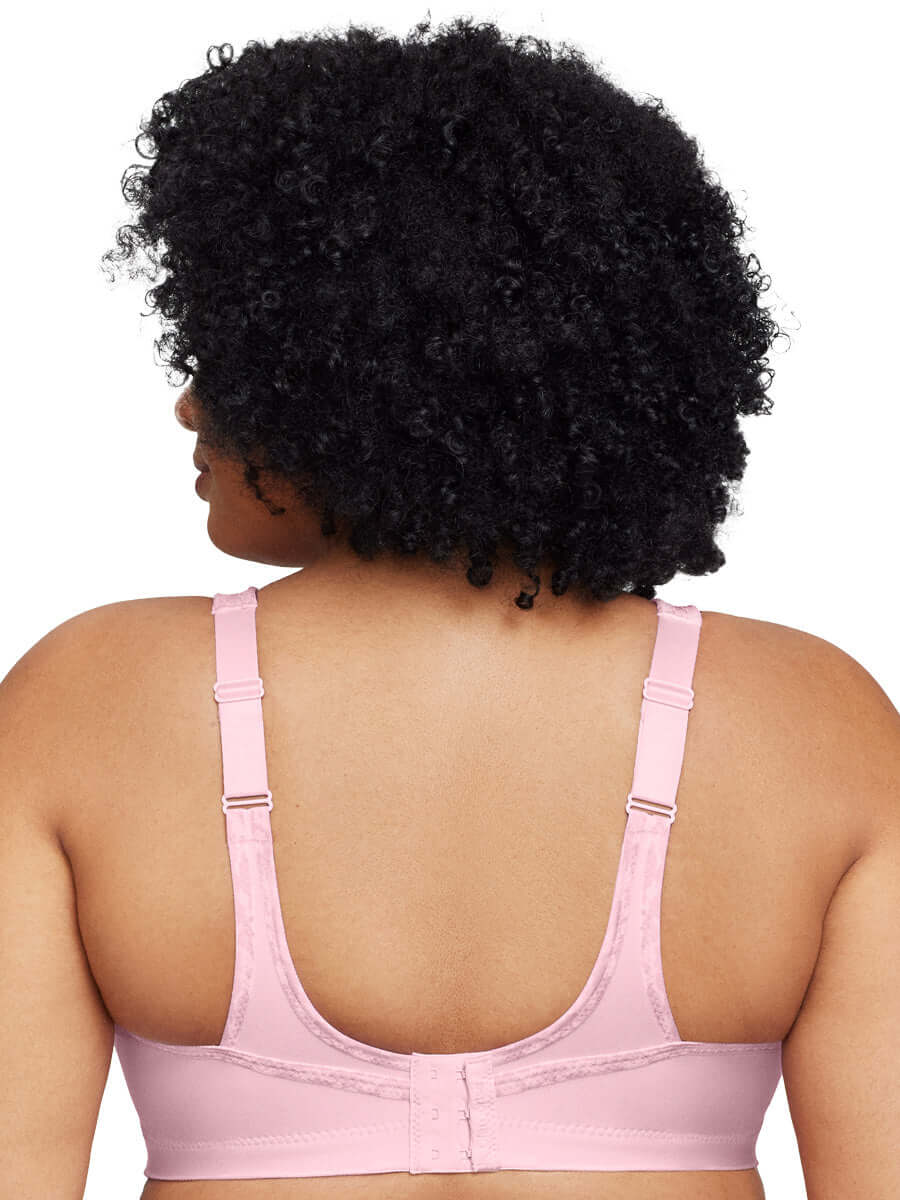 In Stock Glamorise Bra 1066 - No-Bounce Camisole Sports Bra - Pink showing back design on plus size model.