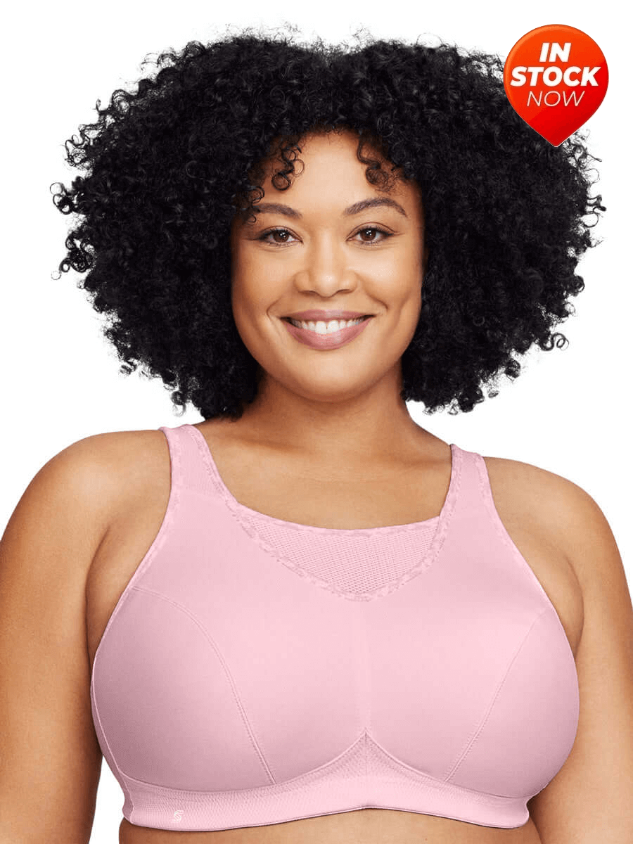 In Stock Glamorise Bra 1066 - No-Bounce Camisole Sports Bra - Pink model wearing plus size sports bra.
