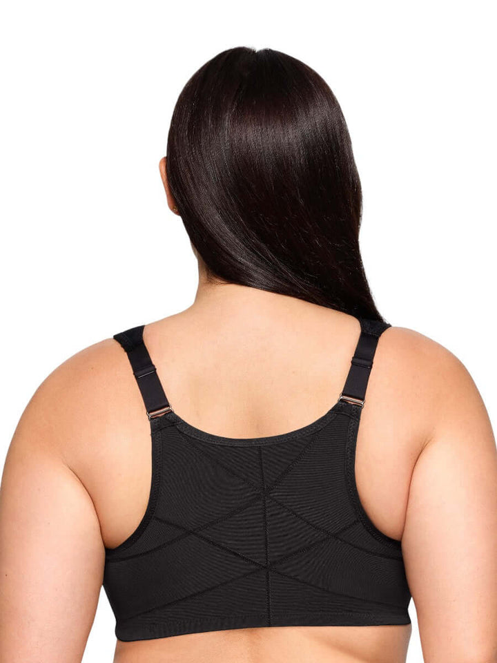 Glamorise Bra 1255 - Front Closure Posture Back WonderWire Lace - Black back view on plus-size woman.