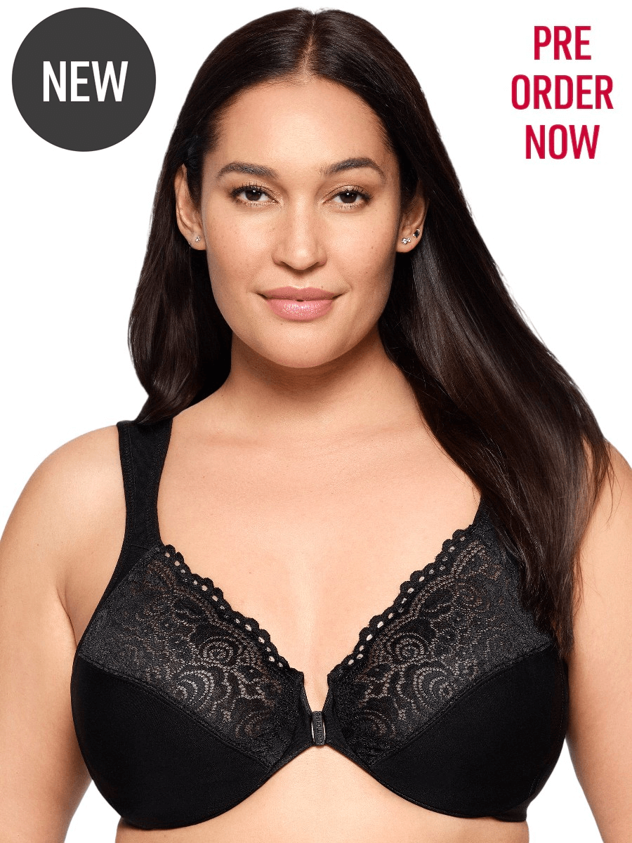 Glamorise Bra 1255 - Front Closure Posture Back WonderWire Lace - Black on model showing lace details and new release.