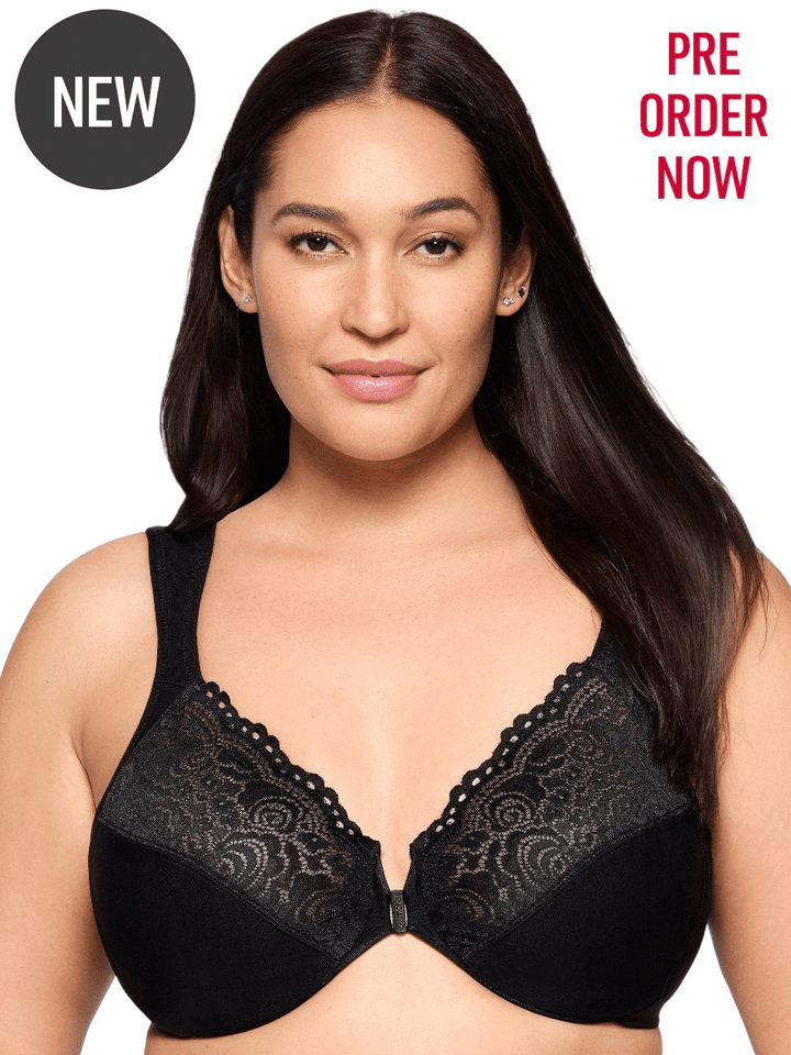 Glamorise Bra 1255 - Front Closure Posture Back WonderWire Lace - Black on model showing lace details and new release.