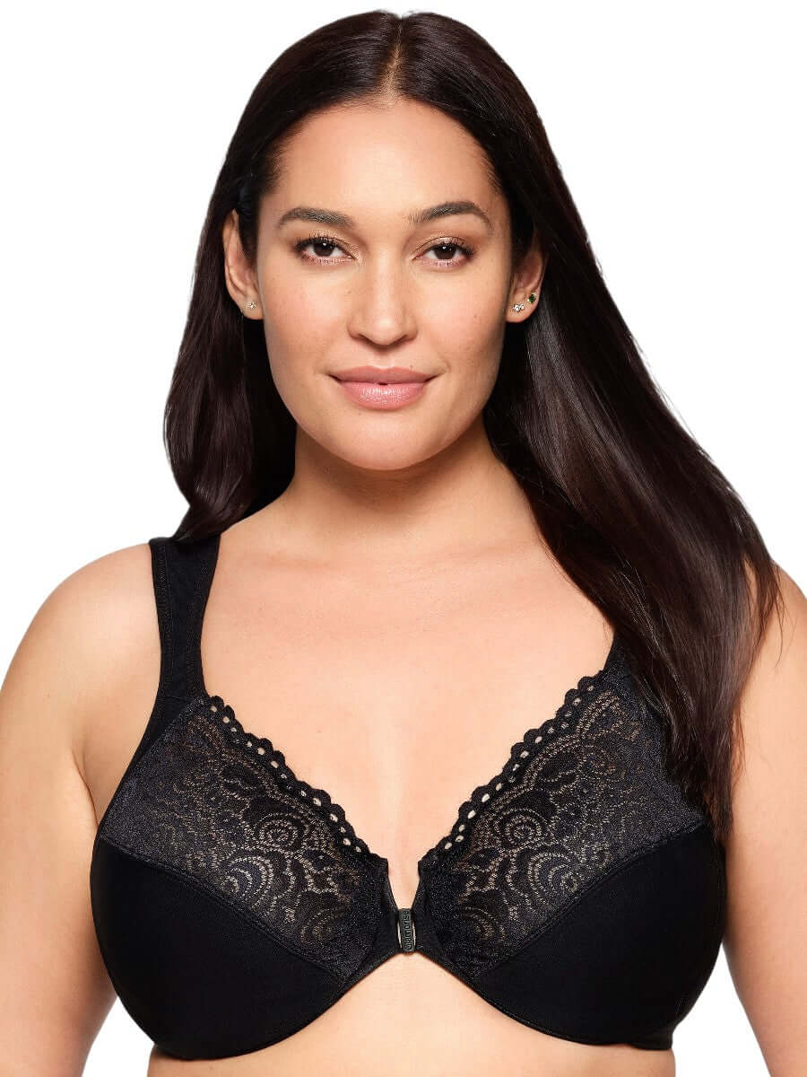 Glamorise Bra 1255 - Front Closure Posture Back WonderWire Lace - Black modeled by a plus size woman.