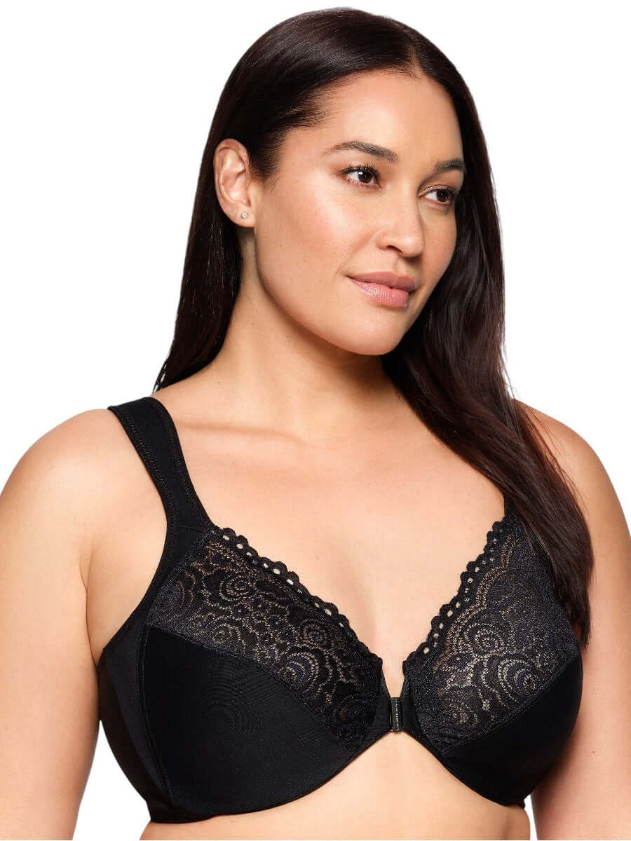Glamorise Bra 1255 - Front Closure Posture Back WonderWire Lace - Black on plus-size model at Dale and Waters.