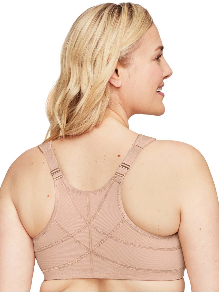 Glamorise Bra 1255 - Front Closure Posture Back WonderWire Lace - Beige back view on a model, showcasing design and comfort.