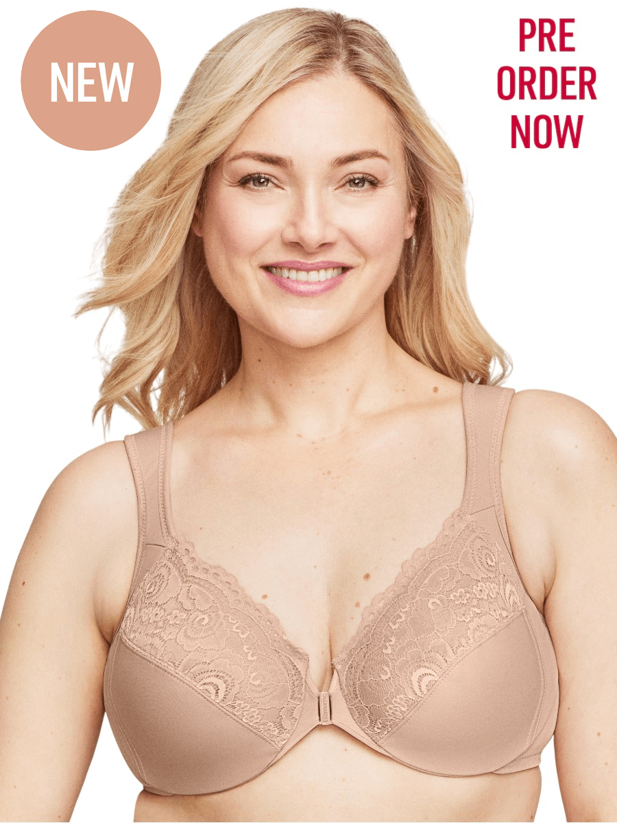 Glamorise Bra 1255 - Front Closure Posture Back WonderWire Lace - Beige on model, plus size comfort and support