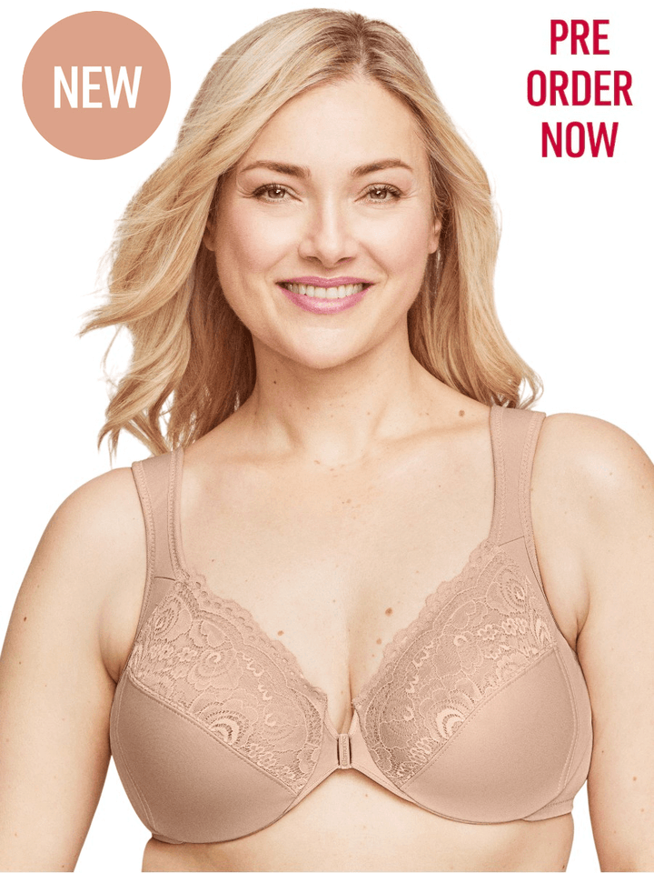 Glamorise Bra 1255 - Front Closure Posture Back WonderWire Lace - Beige on model, plus size comfort and support