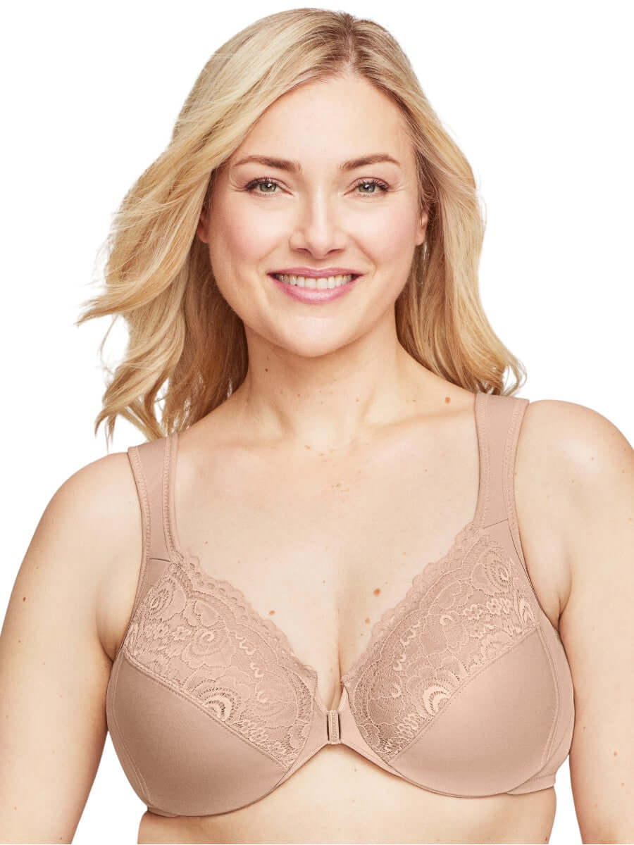 Glamorise Bra 1255 - Front Closure Posture Back WonderWire Lace - Beige on a model, showcasing its comfort and elegance.