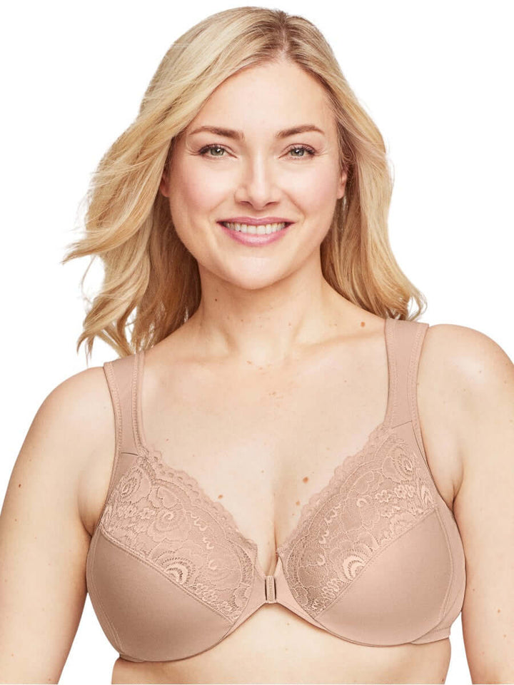 Glamorise Bra 1255 - Front Closure Posture Back WonderWire Lace - Beige on a model, showcasing its comfort and elegance.