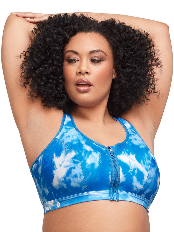 In Stock Glamorise Bra 9266 - Zip Up Front-Closure Sports Bra - Blue Tye-Dye