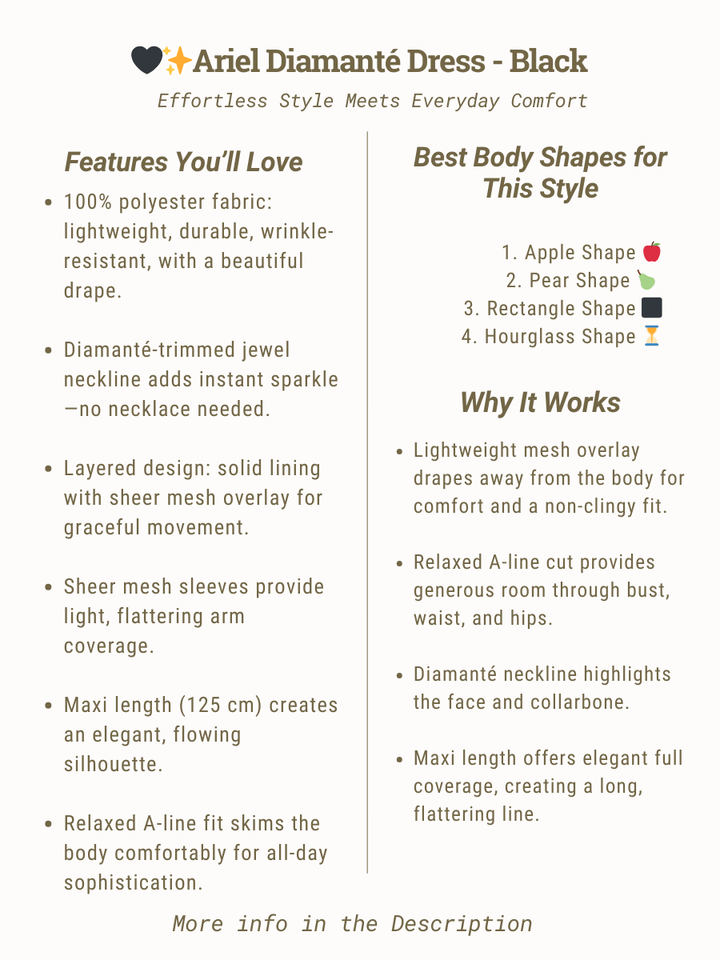 Ariel Diamanté Dress - Black features and benefits, including sizing and fabric details.