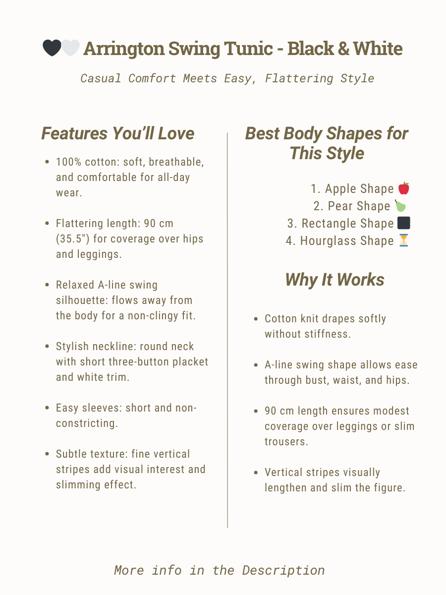Arrington Swing Tunic - Black & White features and body shape guide for women's plus size clothing by Dale and Waters.