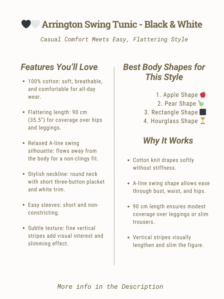 Arrington Swing Tunic - Black & White features and body shape guide for women's plus size clothing by Dale and Waters.