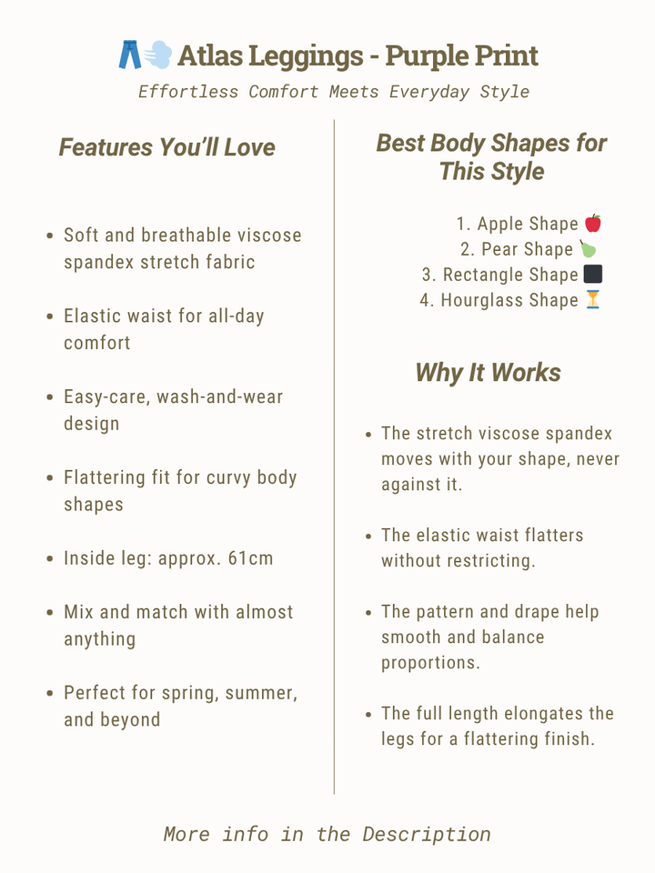 Women’s plus size Atlas Leggings - Purple Print features with body shape guide and style tips.