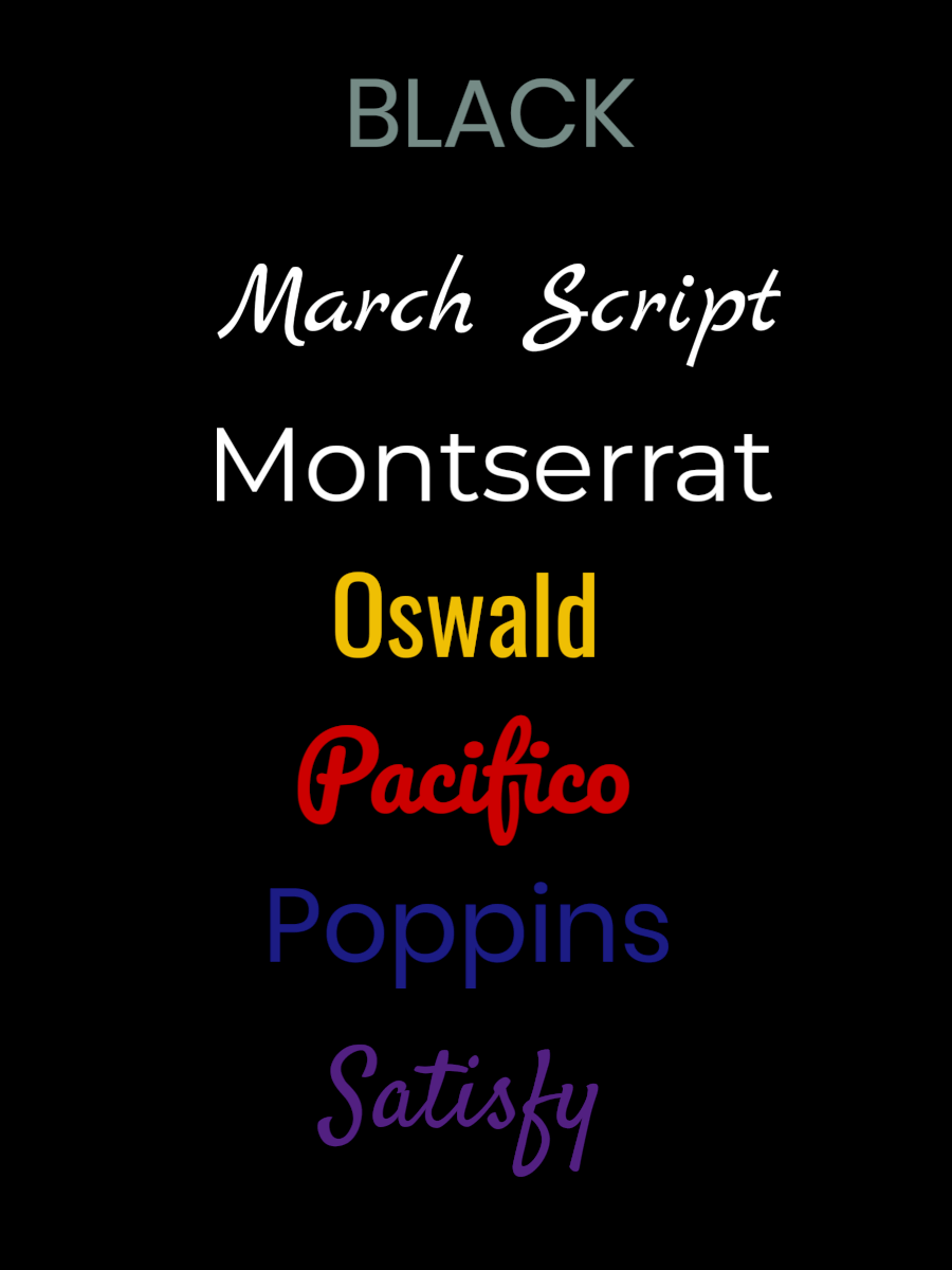 Black typography showcasing various font styles including March Script, Montserrat, Oswald, Pacifico, Poppins, and Satisfy.