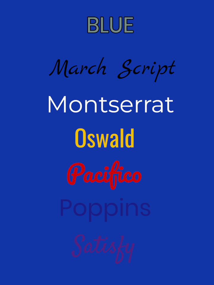 Image showcasing various font styles: March Script, Montserrat, Oswald, Pacifico, Poppins, and Satisfy on a blue background.