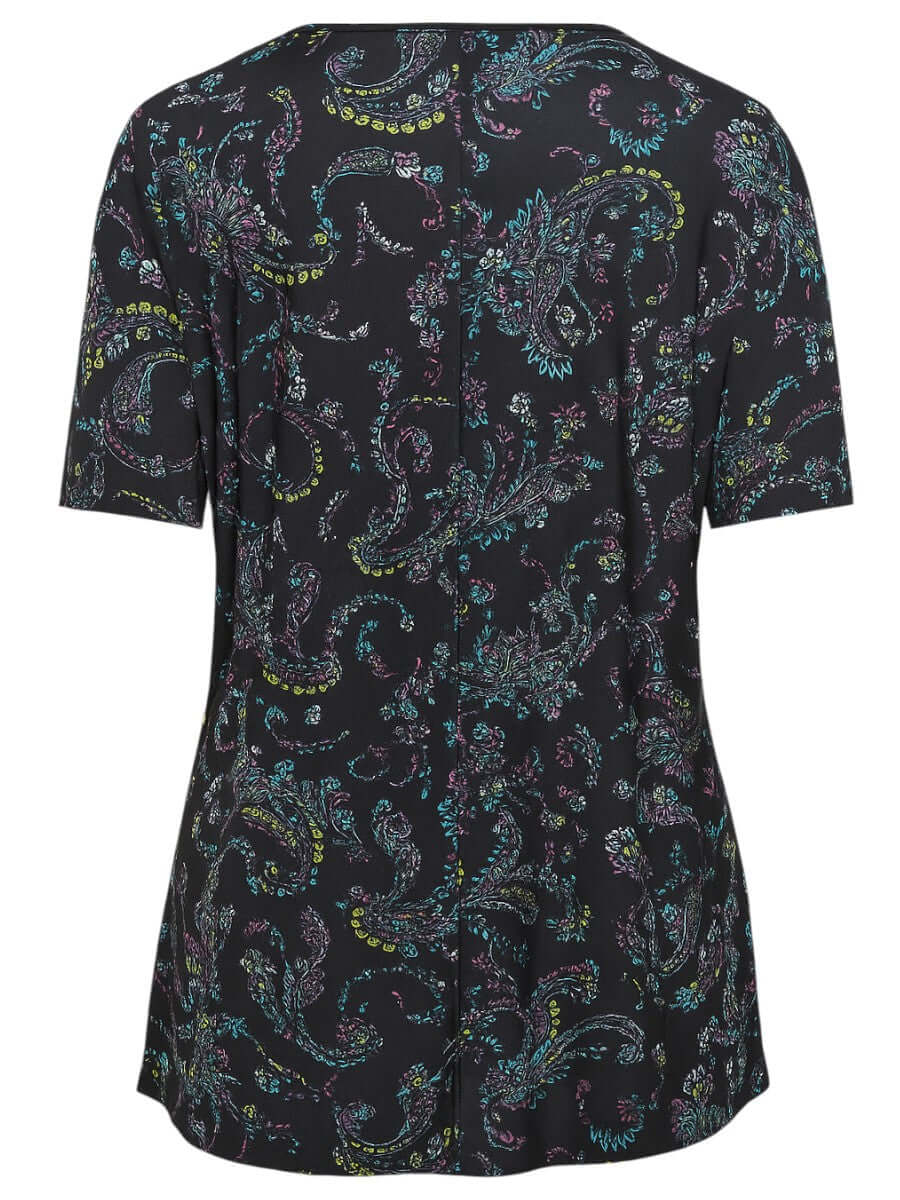 Estela Top - Black Print showing back view with colorful paisley design, perfect for plus-size women.