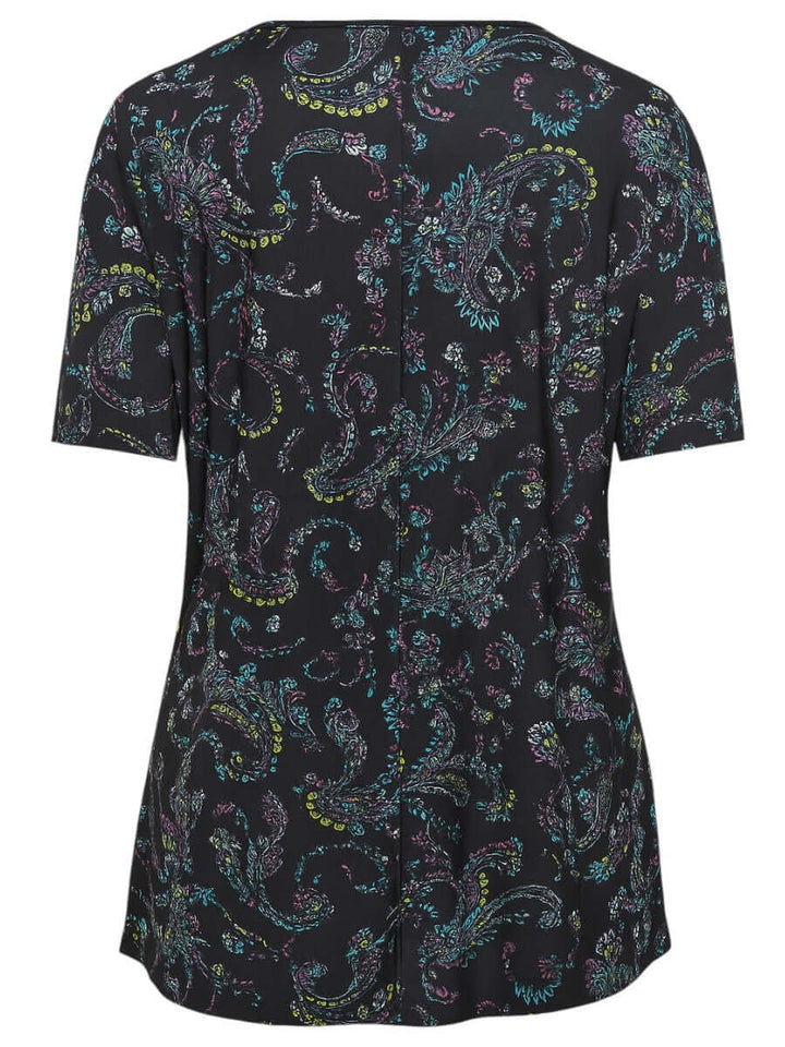 Estela Top - Black Print showing back view with colorful paisley design, perfect for plus-size women.