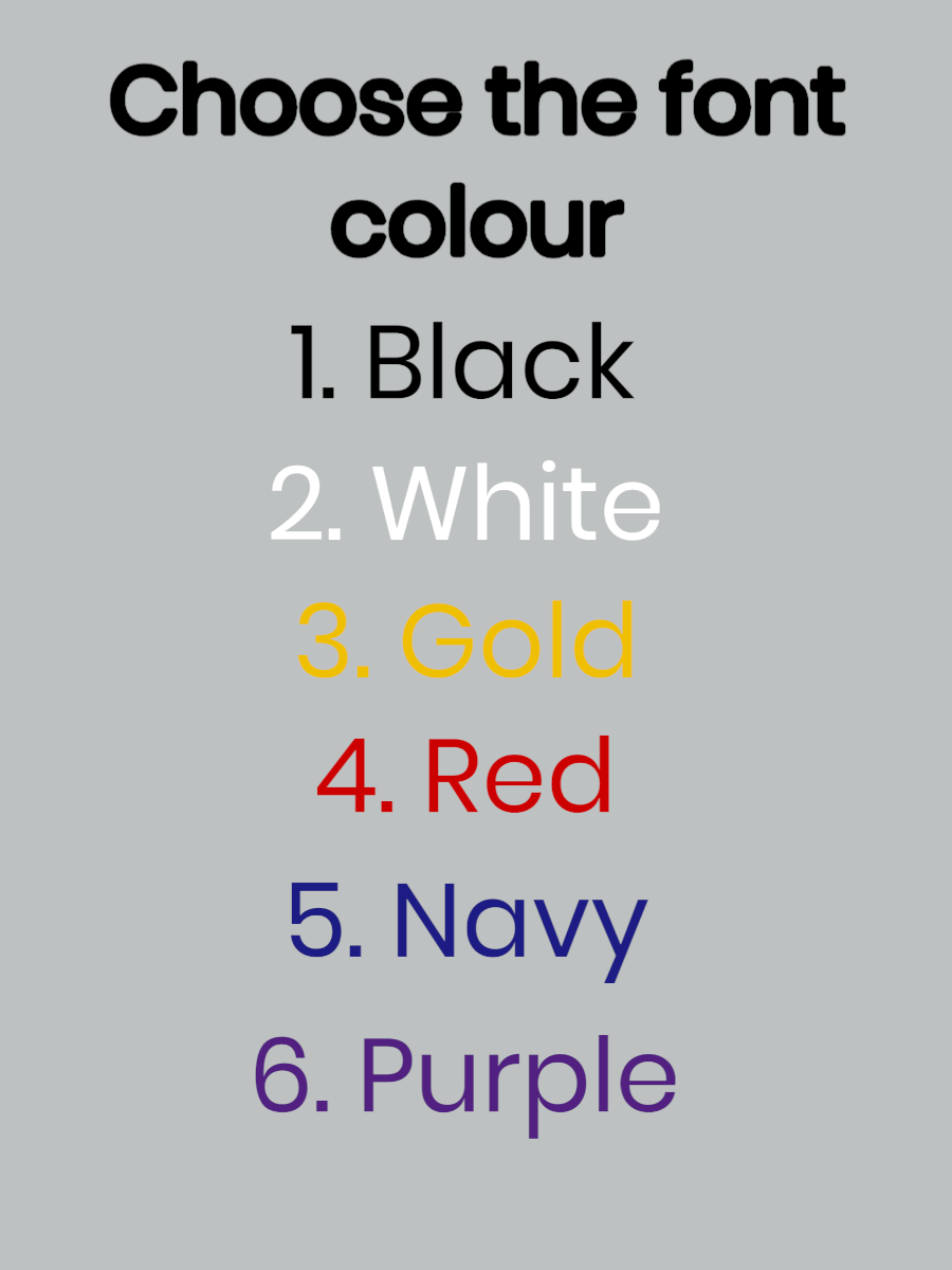 Choose the font colour options for personalized V-neck tees - black, white, gold, red, navy, purple.