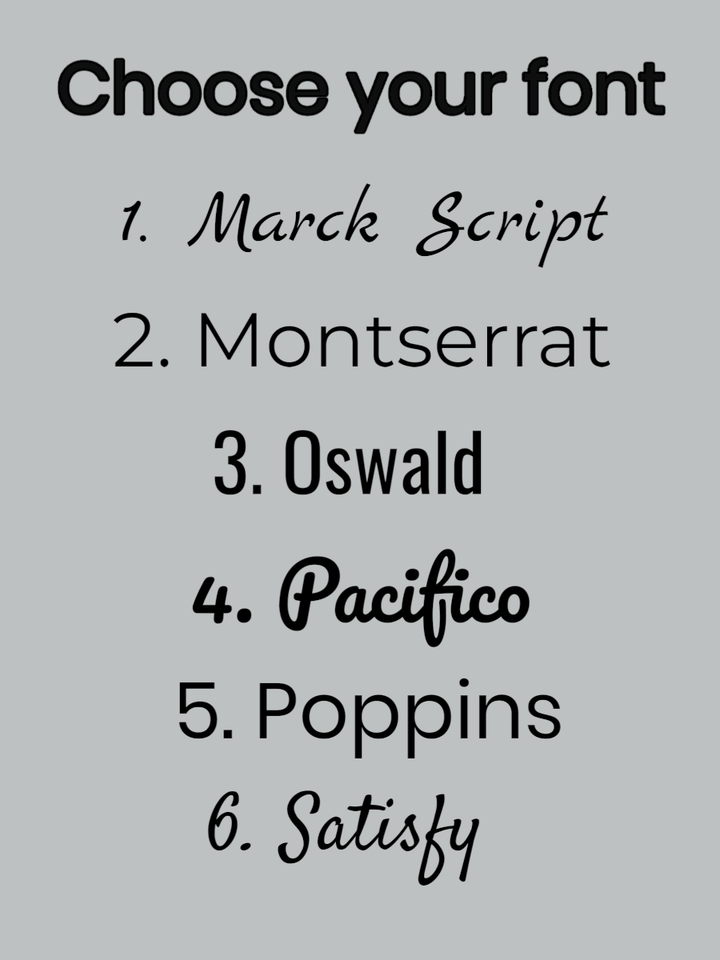 Choose your font options including Marck Script, Montserrat, Oswald, Pacifico, Poppins, and Satisfy for customization.