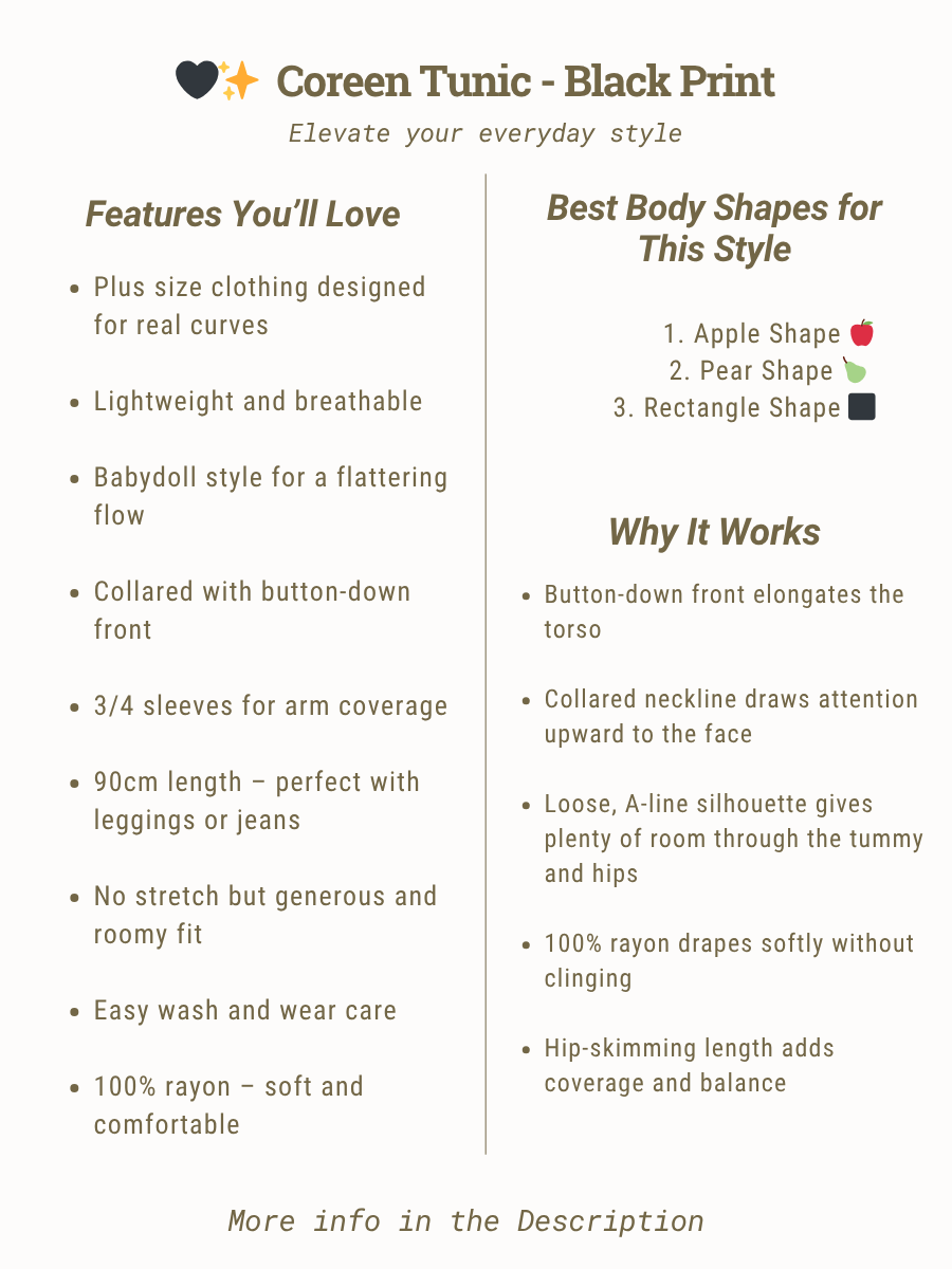 Coreen Tunic - Black Print product details highlighting plus size, babydoll style, and breathable fabric features.