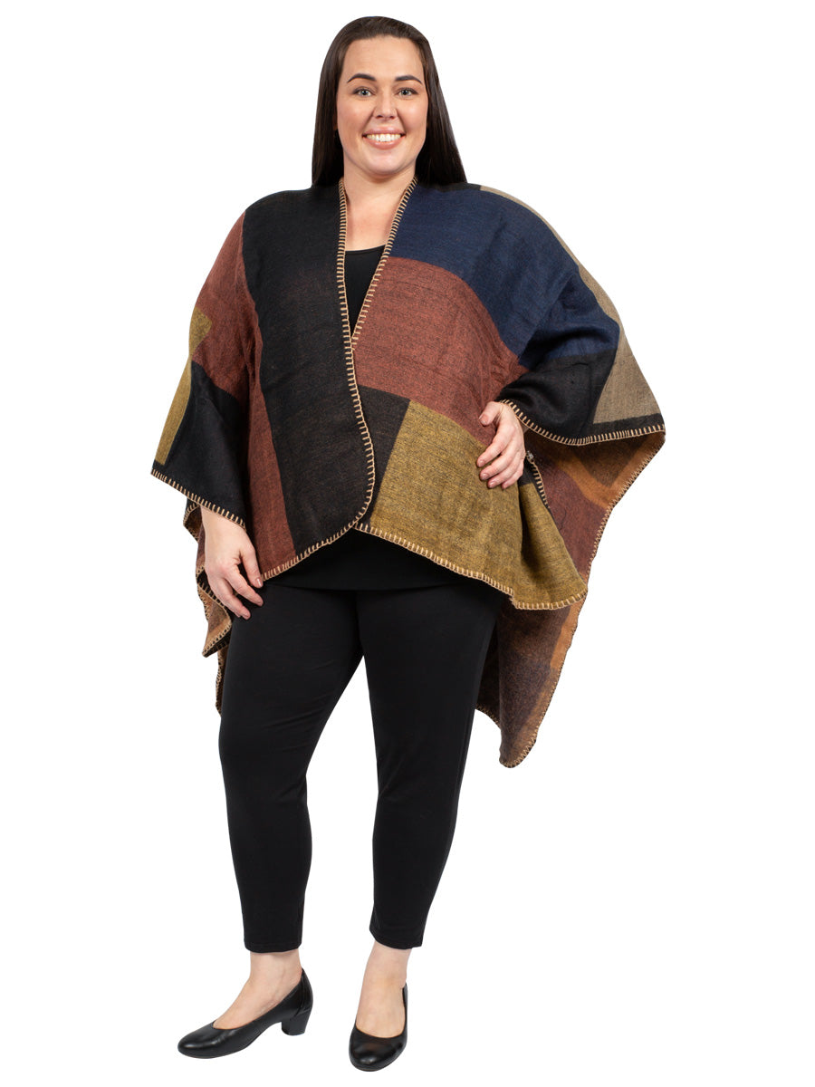 U Shape Print Poncho - Brick Red**