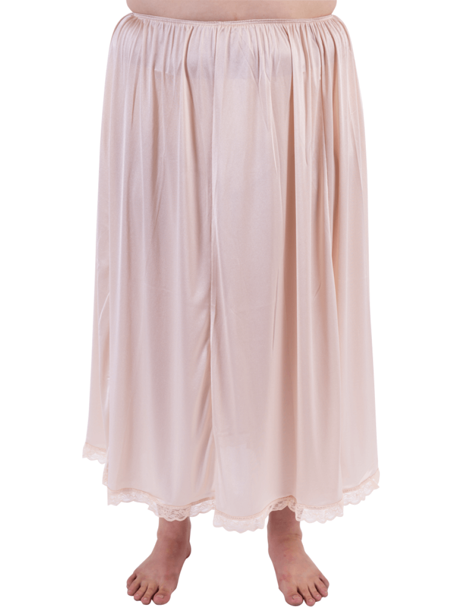 Tricot Mid Calf Slip - Beige, lightweight plus size slip with lace trim and elastic waist, perfect for everyday wear.