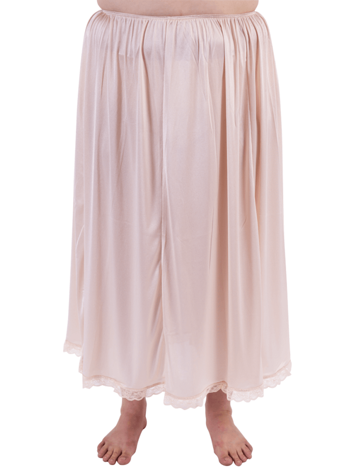 Tricot Mid Calf Slip - Beige, lightweight plus size slip with lace trim and elastic waist, perfect for everyday wear.