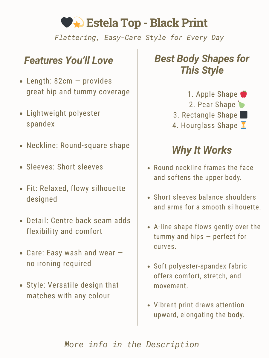 Estela Top - Black Print features a round-square neckline, lightweight polyester spandex, and a relaxed fit for everyday comfort.