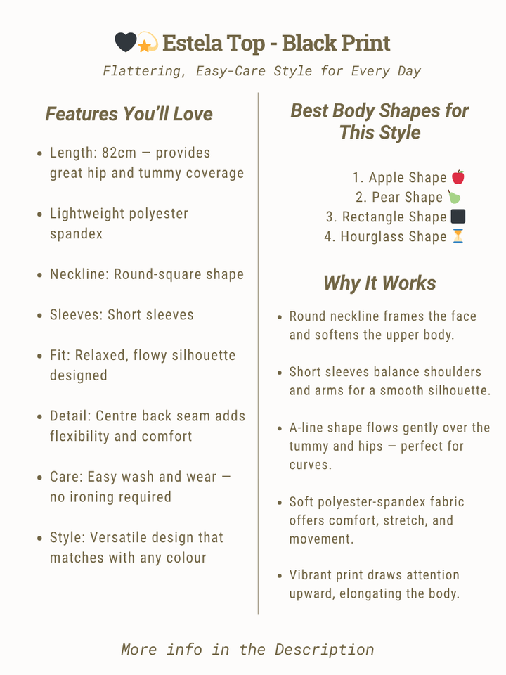 Estela Top - Black Print features a round-square neckline, lightweight polyester spandex, and a relaxed fit for everyday comfort.