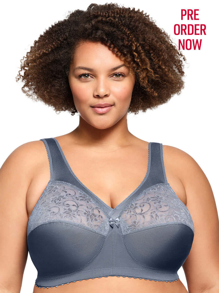 Glamorise Bra 1000 - Feel The Magic Wire-Free Support - Grey model showcasing comfort and style, available for pre-order.