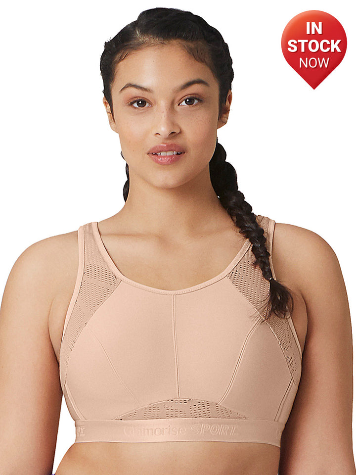 In Stock Glamorise Bra 1068 - No-Sweat Mesh Sports Bra - Cafe