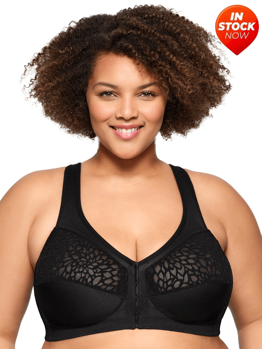 In Stock Glamorise Bra 1206 - MagicLift Front-Closure Racerback Bra - Black model wearing plus size women bra.