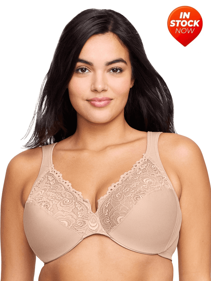 In Stock Glamorise Bra 1240 - Low Cut WonderWire Lace Bra - Cafe