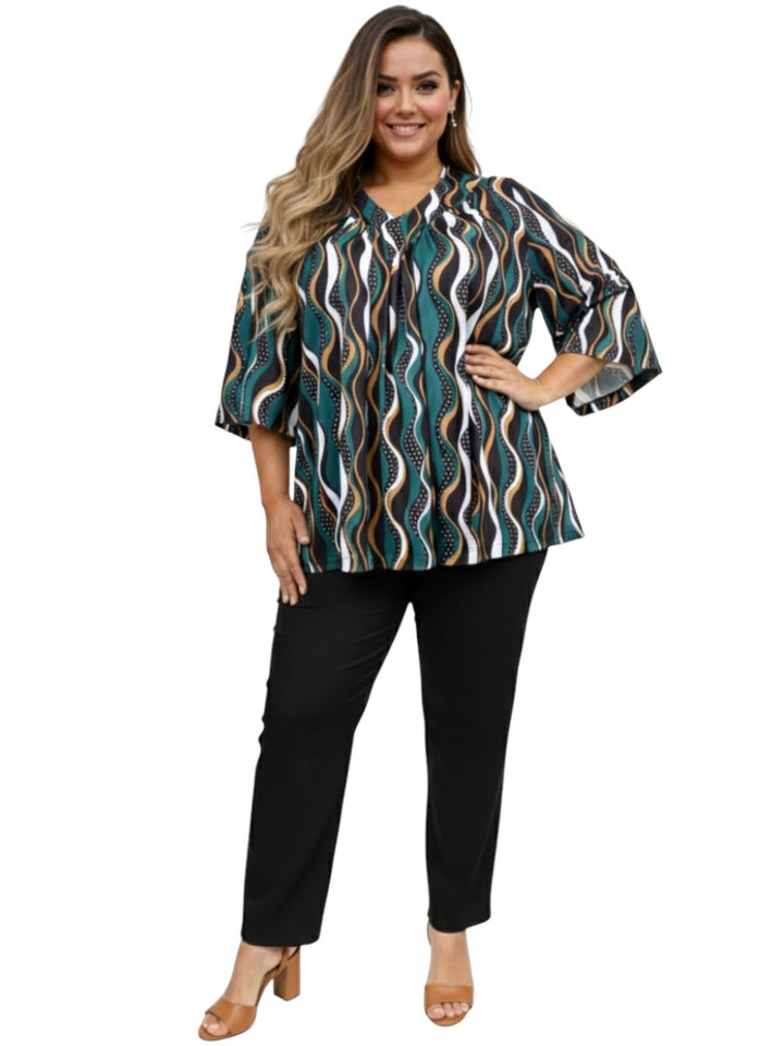 Giselle V-Neck Top - Teal Print**