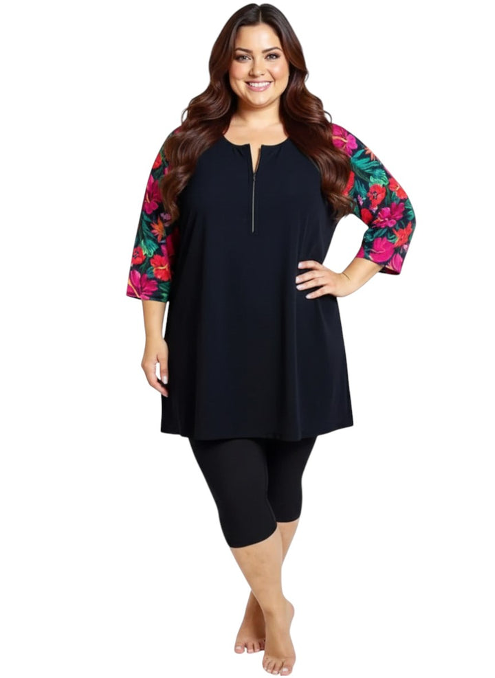 Hibiscus Bloom Tunic Swim Rashi - Black Print