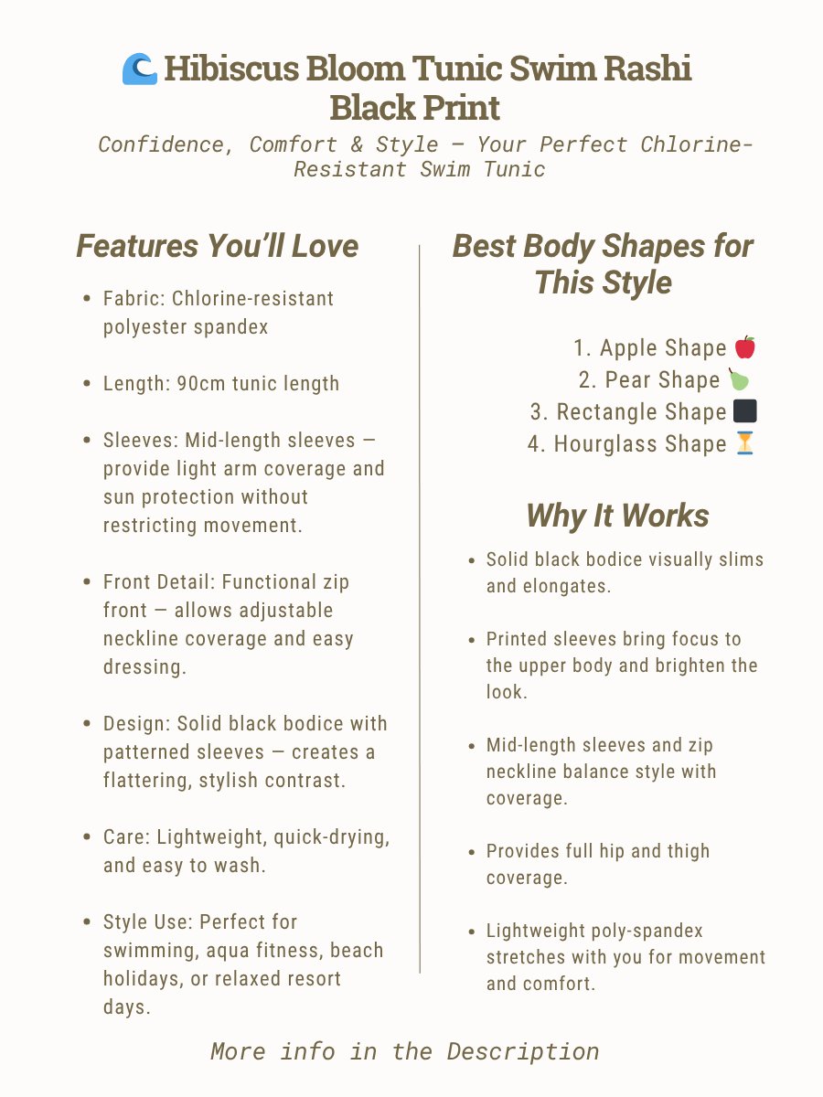 Hibiscus Bloom Tunic Swim Rashi - Black Print design features and benefits for plus size women, sizes 16-50, Dale & Waters.