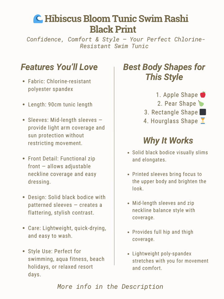 Hibiscus Bloom Tunic Swim Rashi - Black Print design features and benefits for plus size women, sizes 16-50, Dale & Waters.