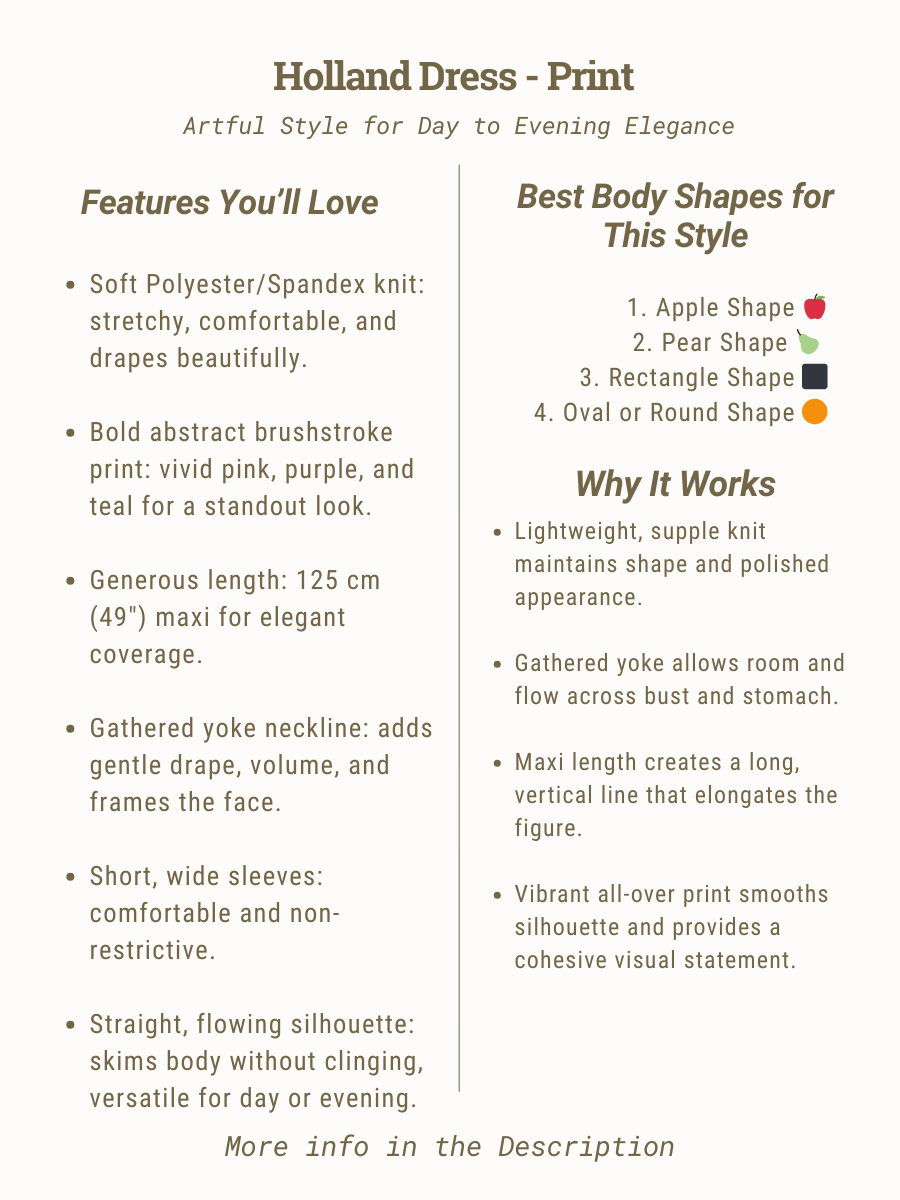 Holland Dress - Print features and style guide for women's plus size fashion by Dale and Waters, sizes 16-50.