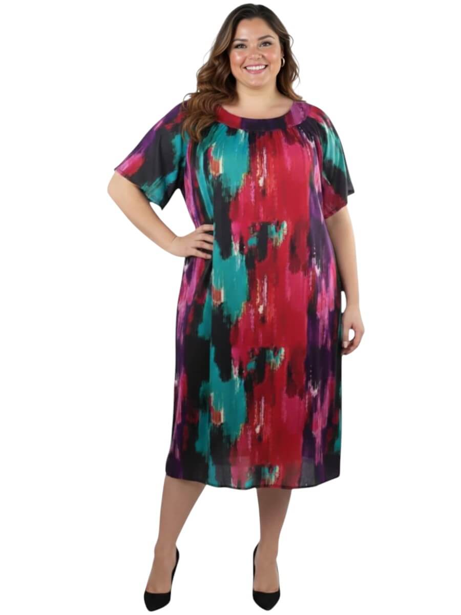 Women's Plus Size Holland Dress - Print featuring a bold abstract brushstroke print in pink, purple, and teal by Dale and Waters.