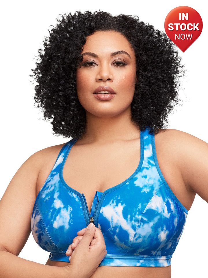 In Stock Glamorise Bra 9266 - Zip Up Front-Closure Sports Bra - Blue Tye-Dye