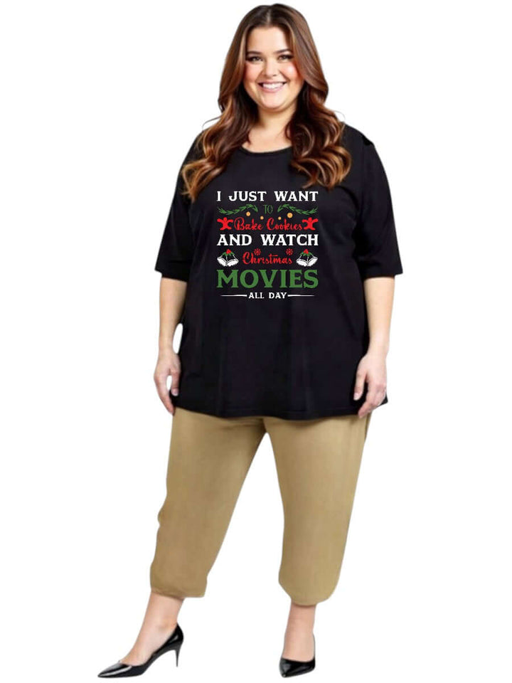 Plus size woman wearing Love Is In The Air Pants - Coco Truffle, enjoying comfortable summer style and relaxed fit.