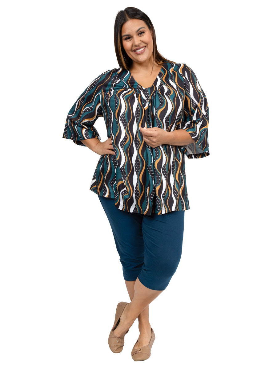 Giselle V-Neck Top - Teal Print