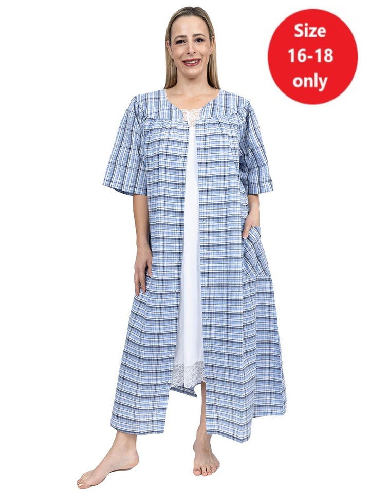 SAMPLE ONLY - Tara Seersucker Dressing Gown/Nightie - Blue Print