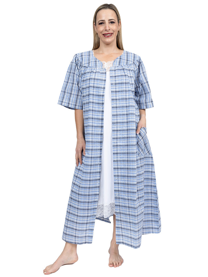 SAMPLE ONLY - Tara Seersucker Dressing Gown/Nightie - Blue Print