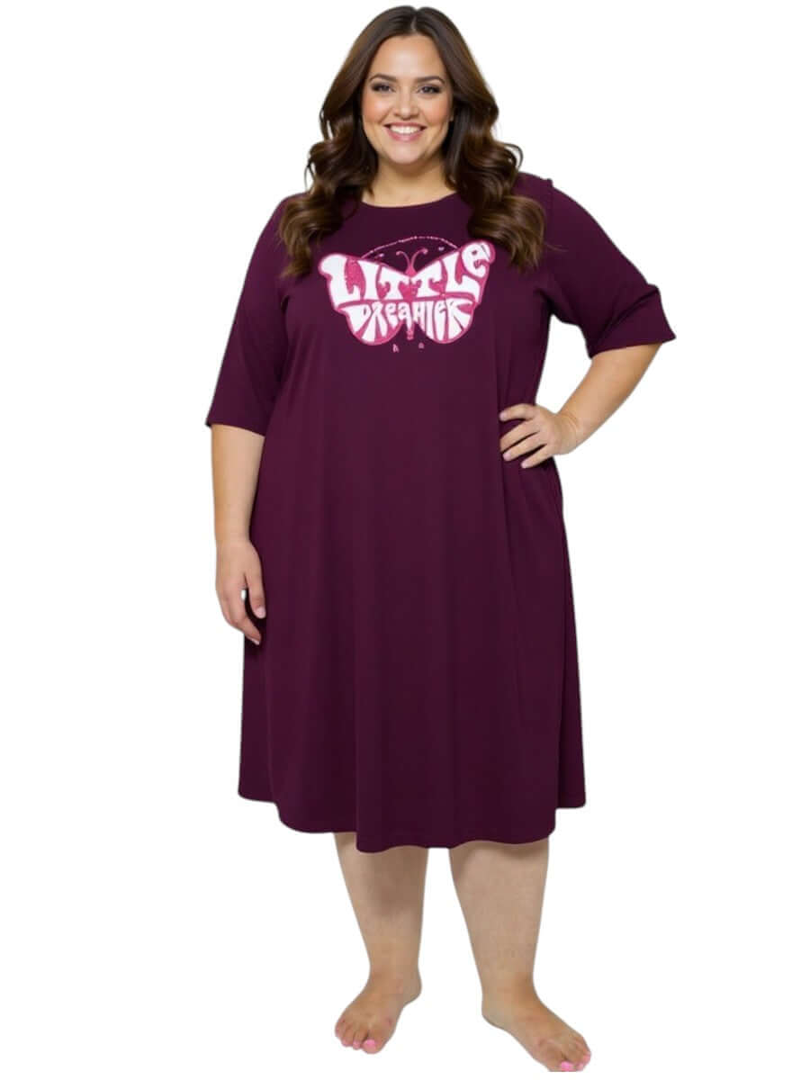 Women’s Plus Size Little Dreamer Nightie in Wine by Dale and Waters, featuring a bold graphic and ¾ sleeves.