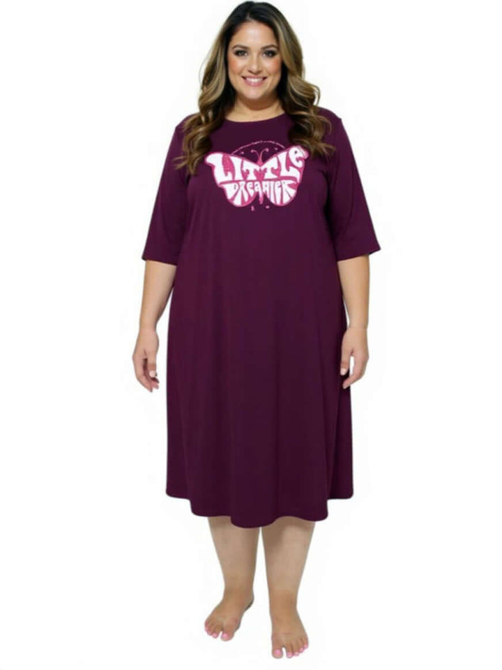 Women’s Plus Size Little Dreamer Nightie in Wine color with graphic print, featuring ¾ sleeves and round neckline by Dale and Waters.